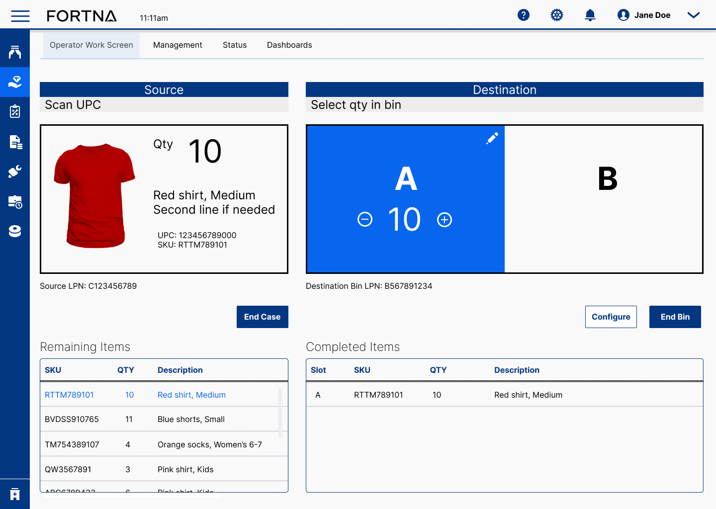 Fortna warehouse decant operator work screen showing source and destination panels.